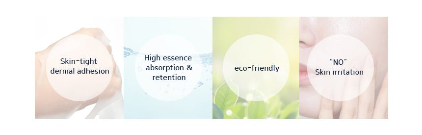 Four panels show mask benefits: dermal adhesion, essence absorption, eco-friendly, and no irritation.