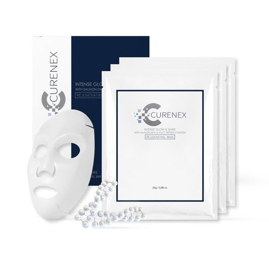 Five Curenex Intense Glow & Shine Salmon DNA Masks are displayed with one mask removed.