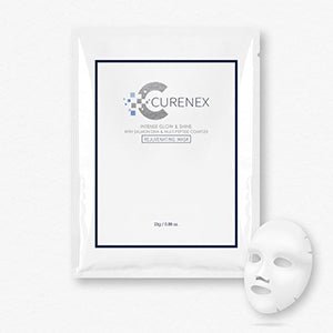 A white Curenex Intense Glow & Shine Salmon DNA Mask packet with a white sheet mask beside it.