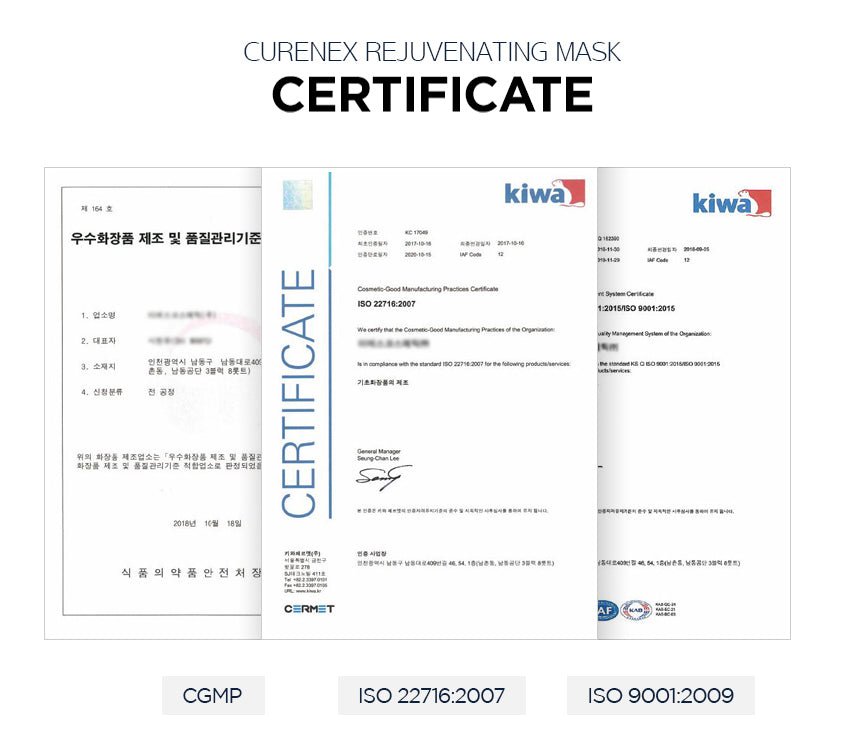 Image showing three certificates for Curenex Rejuvenating Mask, including CGMP and ISO standards.
