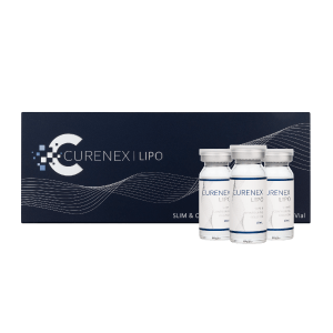 A dark blue box labeled "Curenex Lipo" with three white vials of solution next to it.