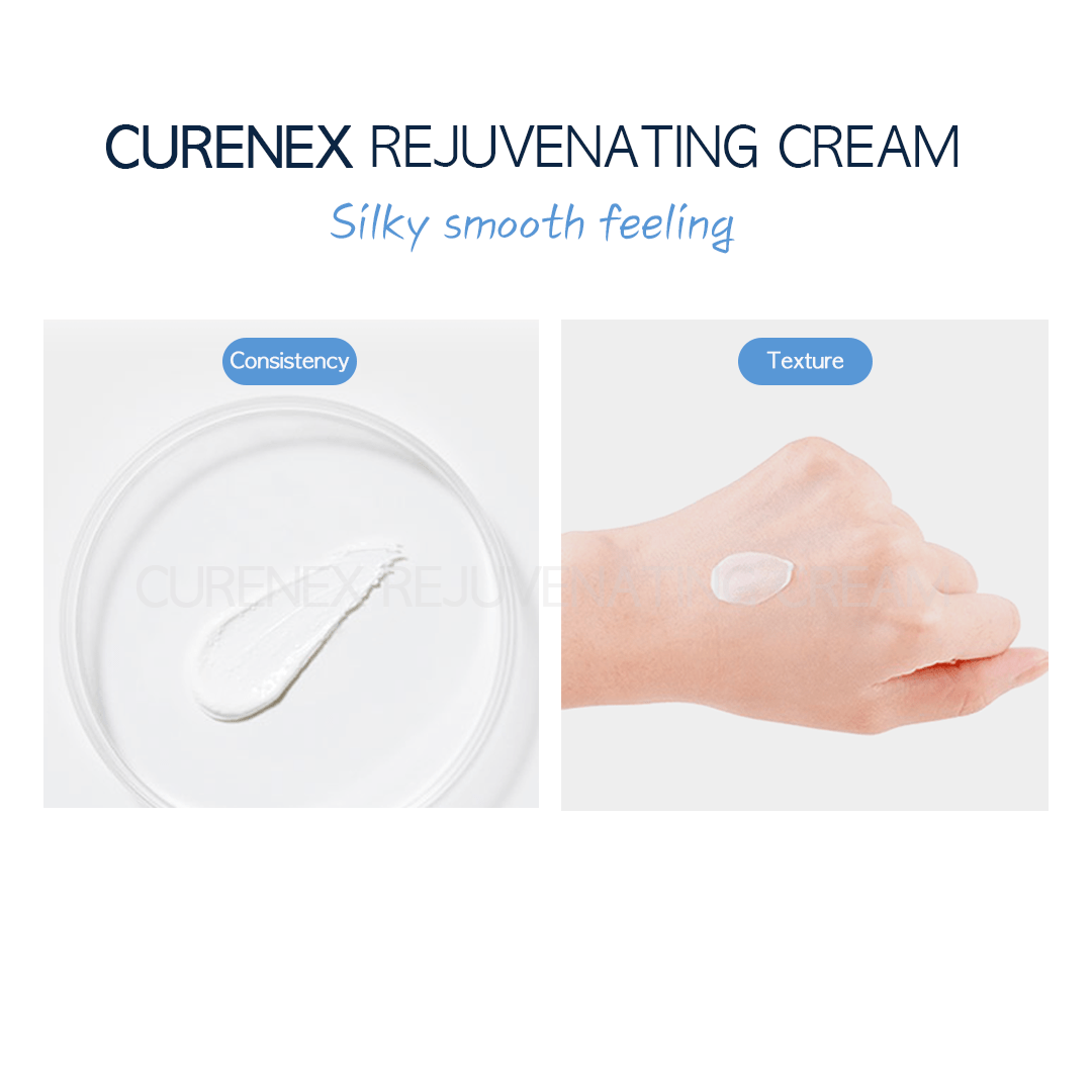 Curenex Rejuvenating Cream shown for consistency in a dish and texture on a hand.