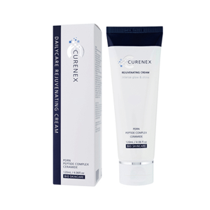 A white Curenex Rejuvenating Cream tube and its white and blue box are shown.