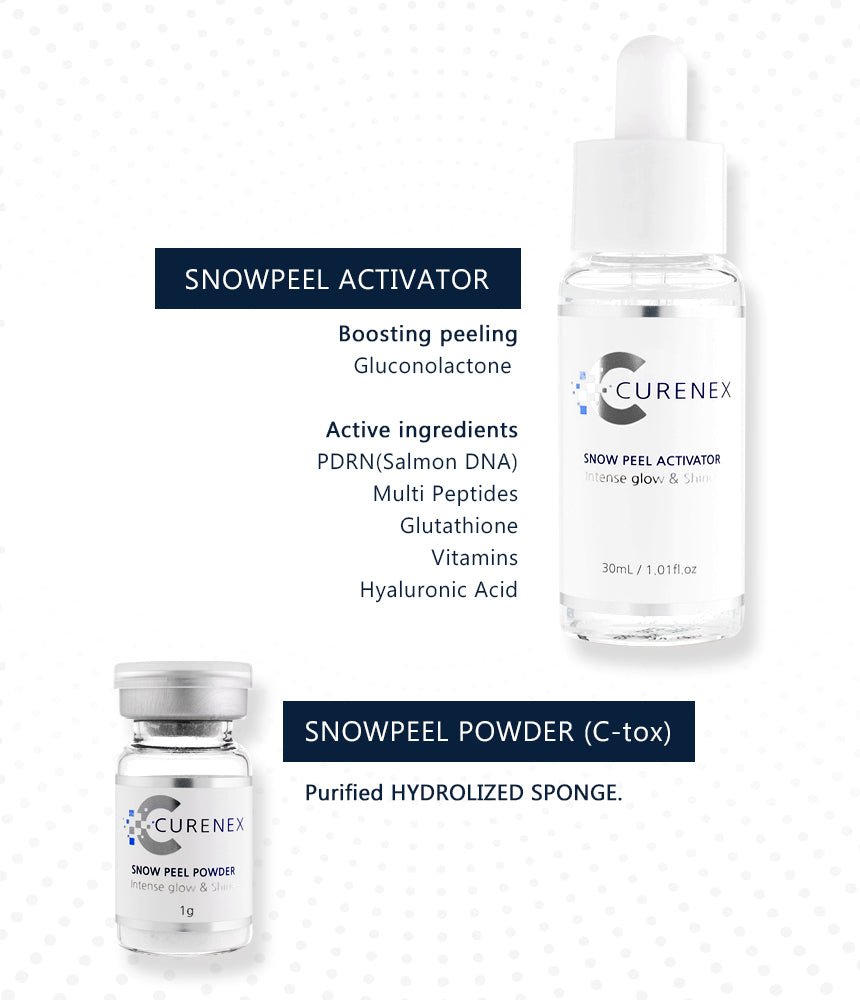 Two Curenex Snowpeel products are shown: an activator bottle and a powder vial.