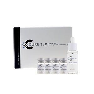 A white box of Curenex Snow Peel with four small vials and one dropper bottle.