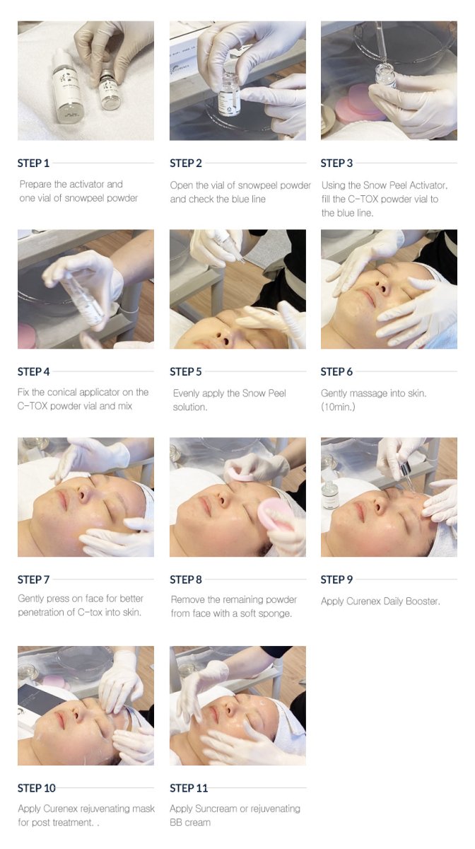 A step-by-step guide shows how to apply the Curenex Snowpeel C-Tox Peel.