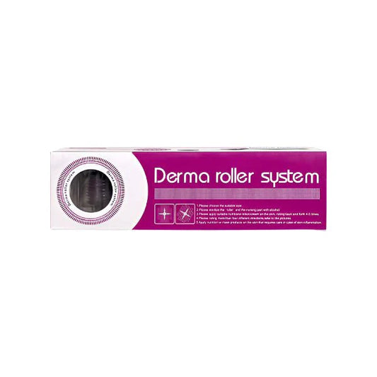 Derma roller system box with a purple design and product information.