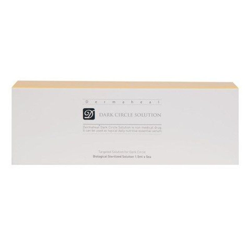 A white box for DermaHeal Dark Circle Solution with text and a logo.