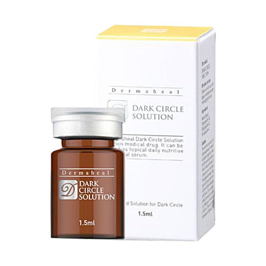 A brown vial of Dermaheal Dark Circle Solution next to its white and yellow box.