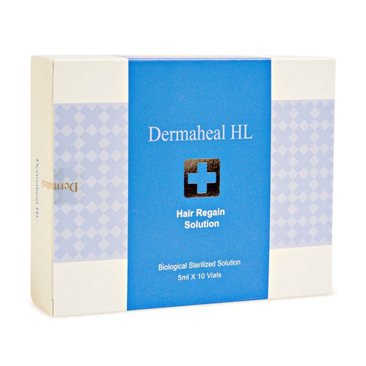 Dermaheal HL Hair Regain Solution box with a blue label and gold cross.