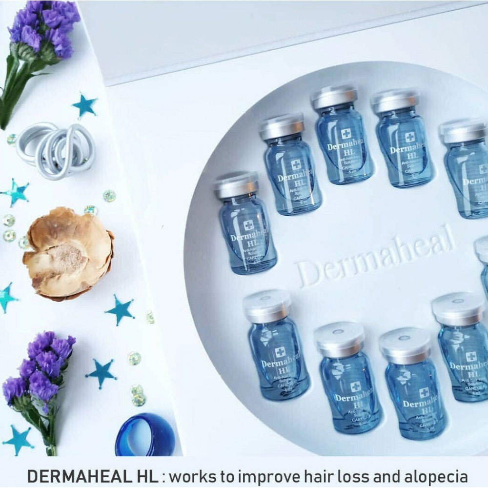 Ten blue DermaHeal HL vials are arranged in a white circular tray.