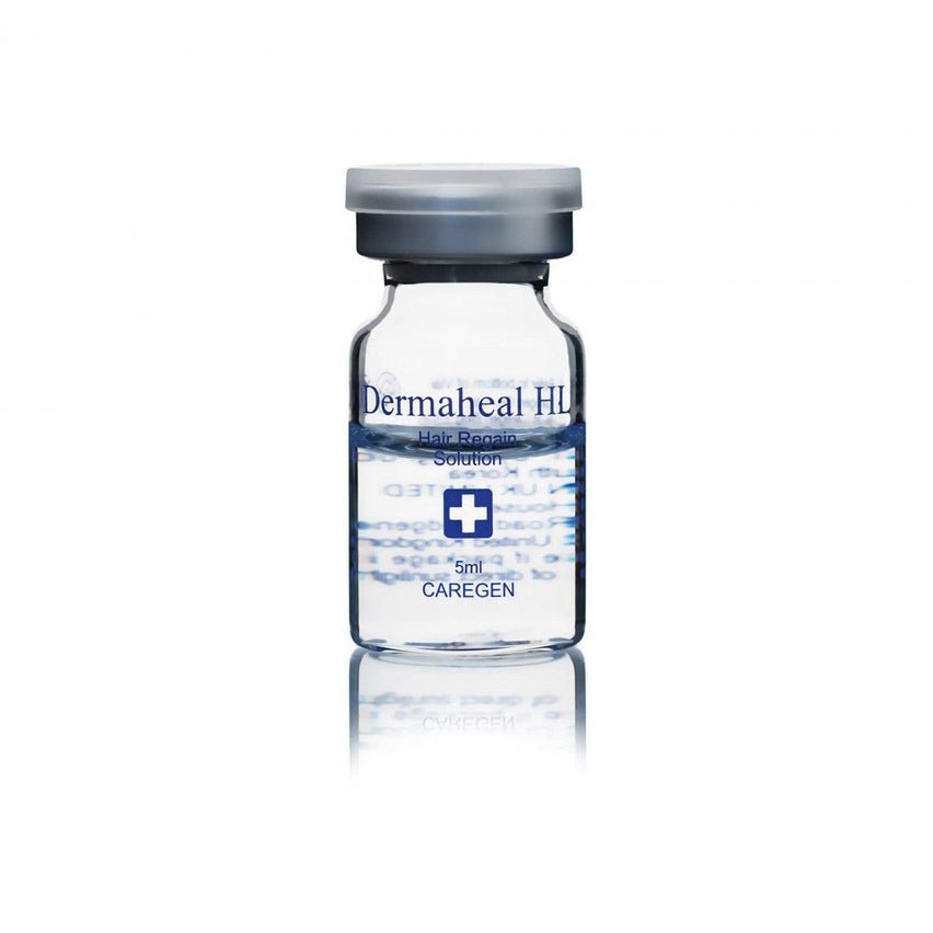 A clear glass vial of Dermaheal HL Hair Regain Solution with a blue cap.