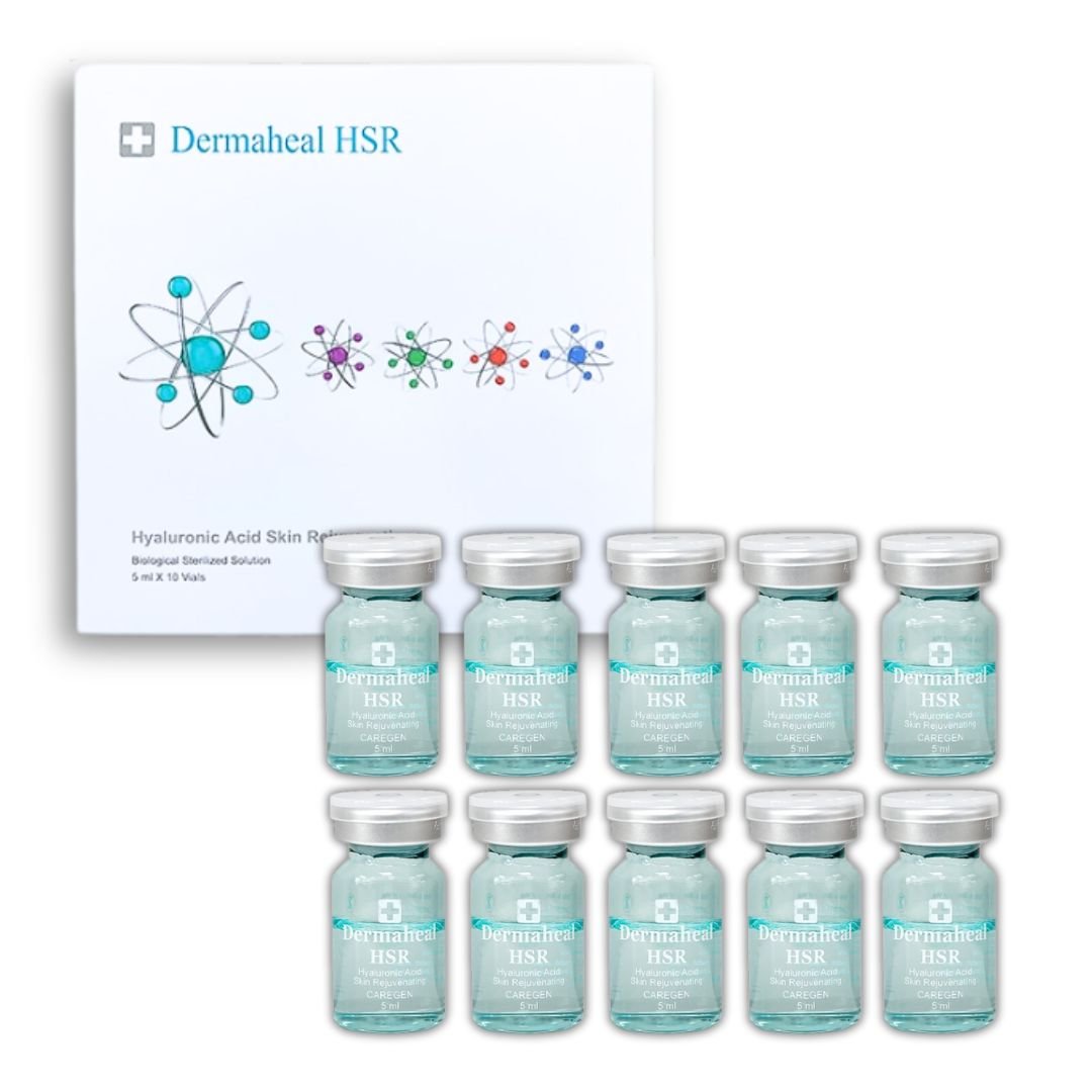A white box of Dermaheal HSR with an atom graphic and ten vials of the solution.