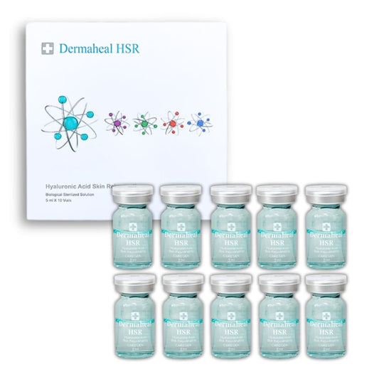 A white box of Dermaheal HSR with an atom graphic and ten vials of the solution.
