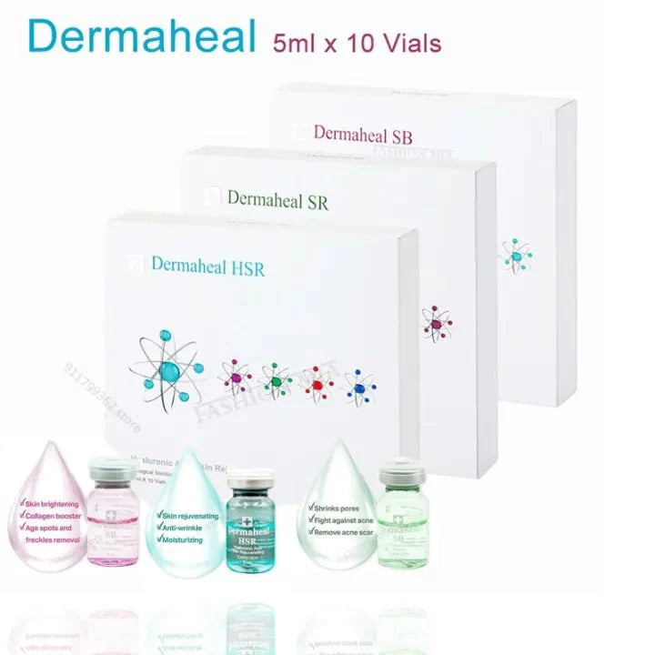 Three white boxes of Dermaheal SR, SB, and HSR, with vials and drops illustrating their benefits.
