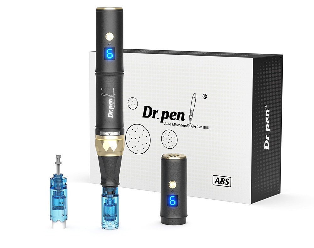 A black and gold Dr. Pen A8S microneedling pen with accessories and packaging.