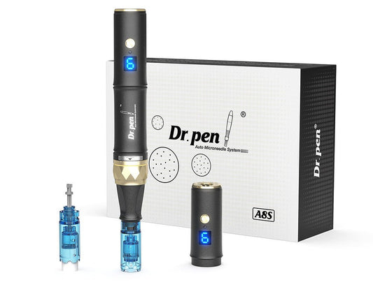 A black and gold Dr. Pen A8S microneedling pen with accessories and packaging.