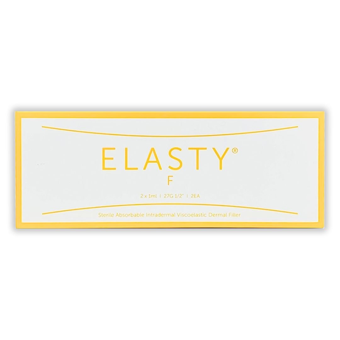 A white and yellow box for Elasty F Plus HA 24mg dermal filler.