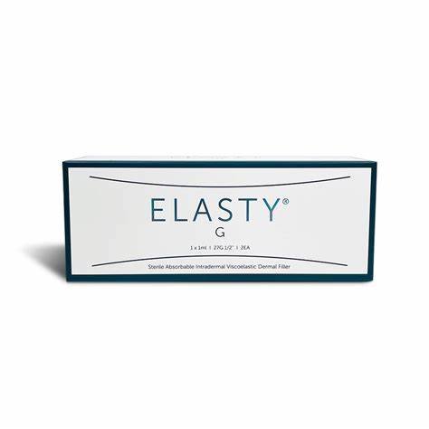 A white and teal box of Elasty G dermal filler is shown.