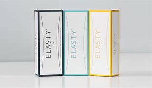 Three upright boxes of Elasty G Plus HA 24mg, in black, teal, and yellow.