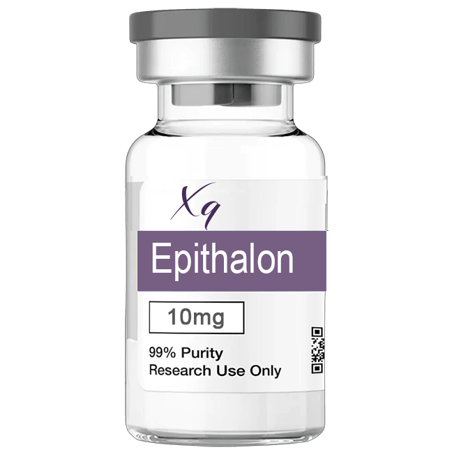 A vial of Epithalon 10mg with a white and purple label.