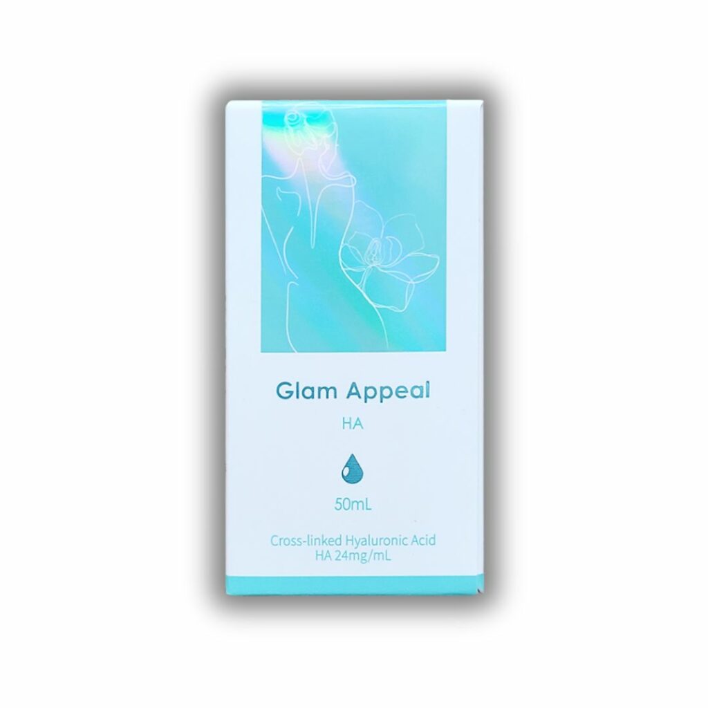 A white box for Glam Appeal HA 50mL with a blue drop icon and text.