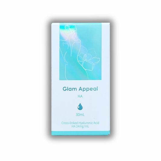 A white box for Glam Appeal HA 50mL with a blue drop icon and text.