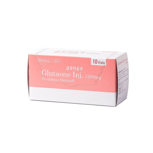 A white and pink box of Glutaone Inj. 1200mg, containing 10 vials of glutathione.