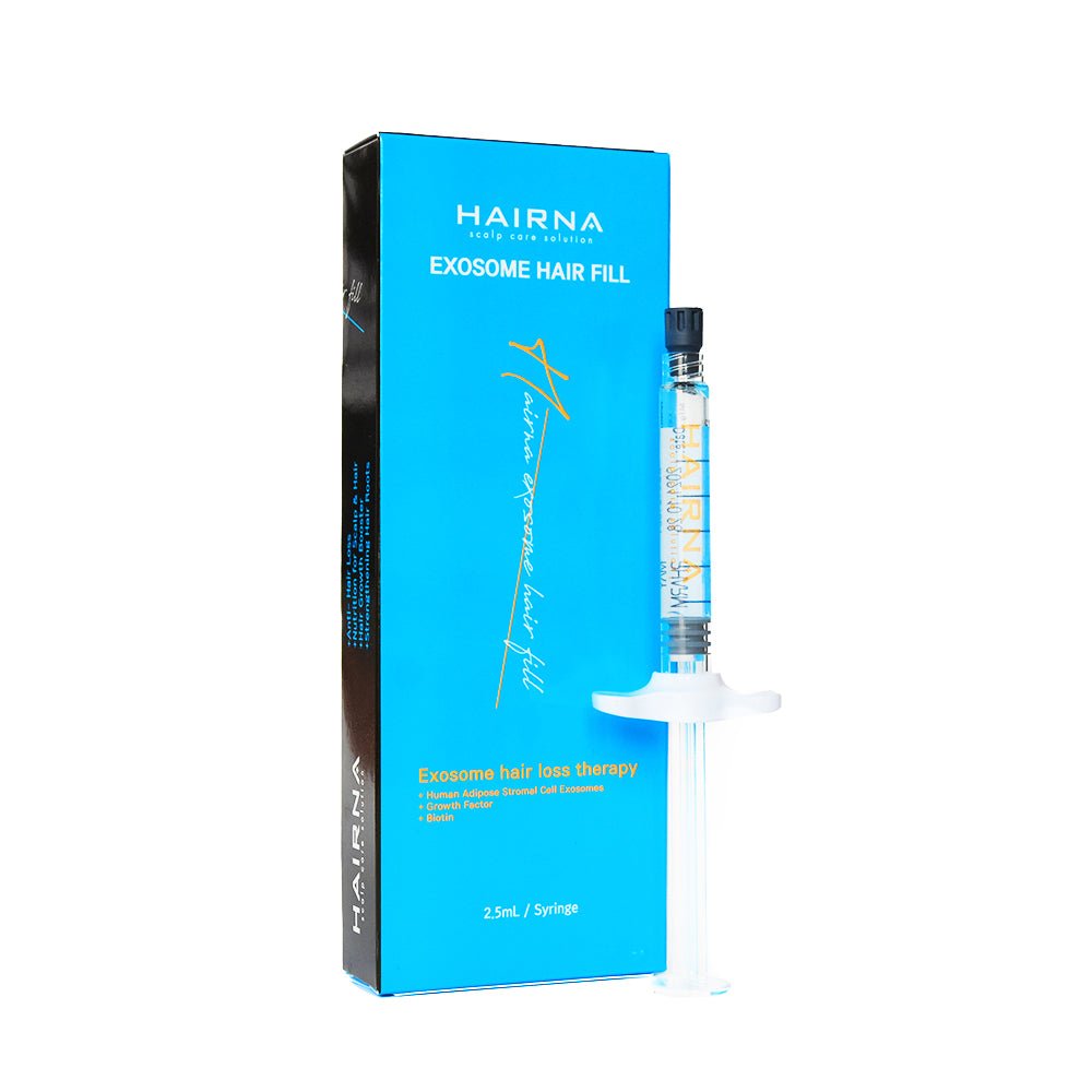 A blue box of HairNA Exosome Hair Fill with a clear syringe containing a blue liquid.