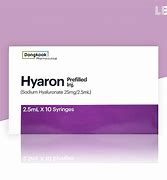 A white box of Hyaron Prefilled Inj. (Sodium Hyaluronate 25mg/2.5mL) with 10 syringes.