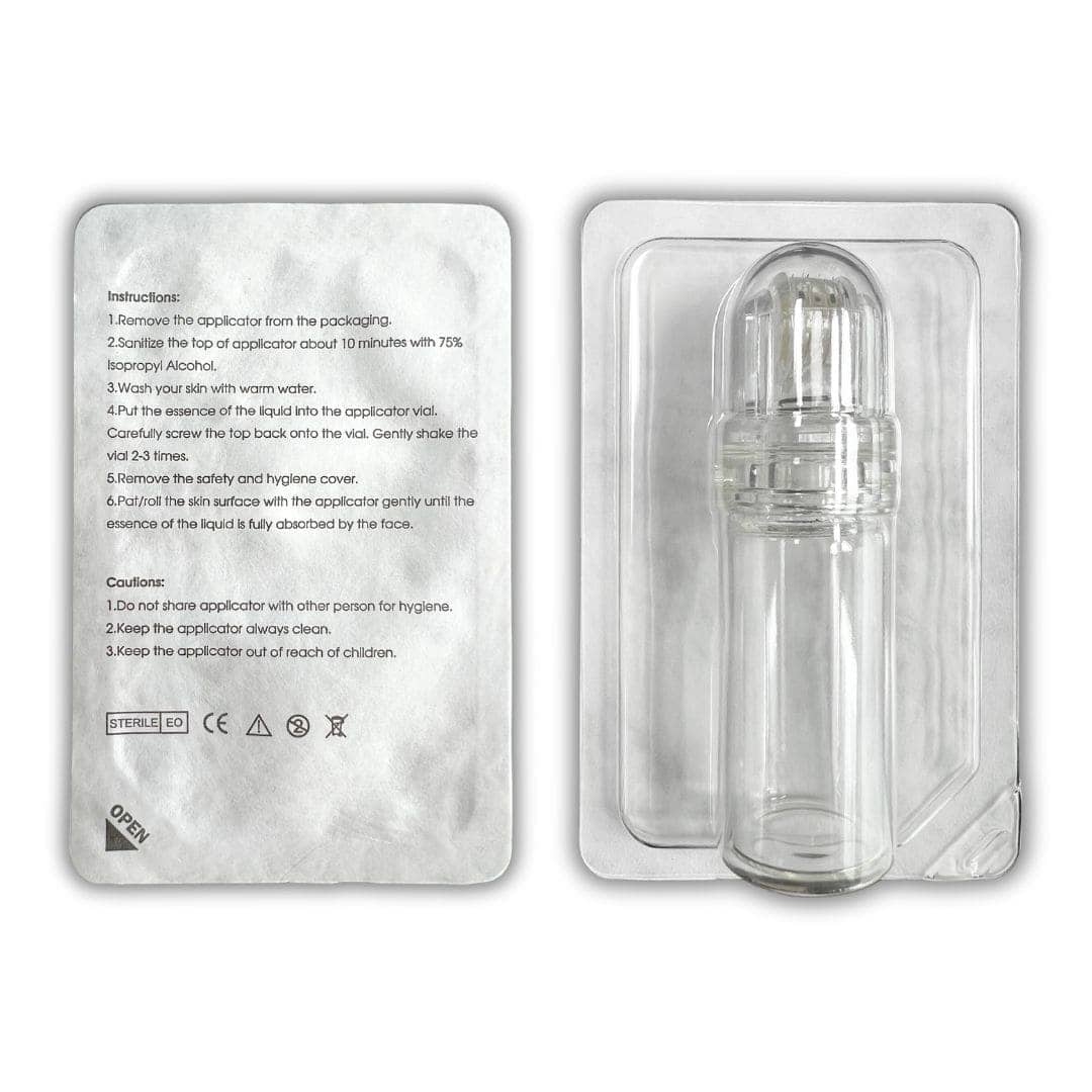 A Hydra.Roller MicroNeedle System with 64 needles in a clear glass vial and packaging.