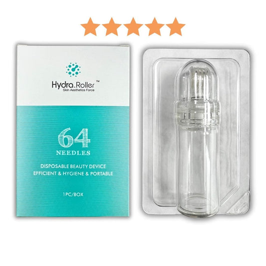 A Hydra.Roller MicroNeedle System with 64 needles in a box, next to a clear glass device.