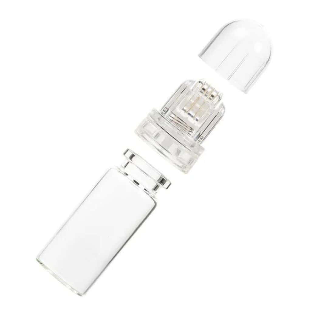 A clear glass Hydra.Roller MicroNeedle System with 64 needles, disassembled.