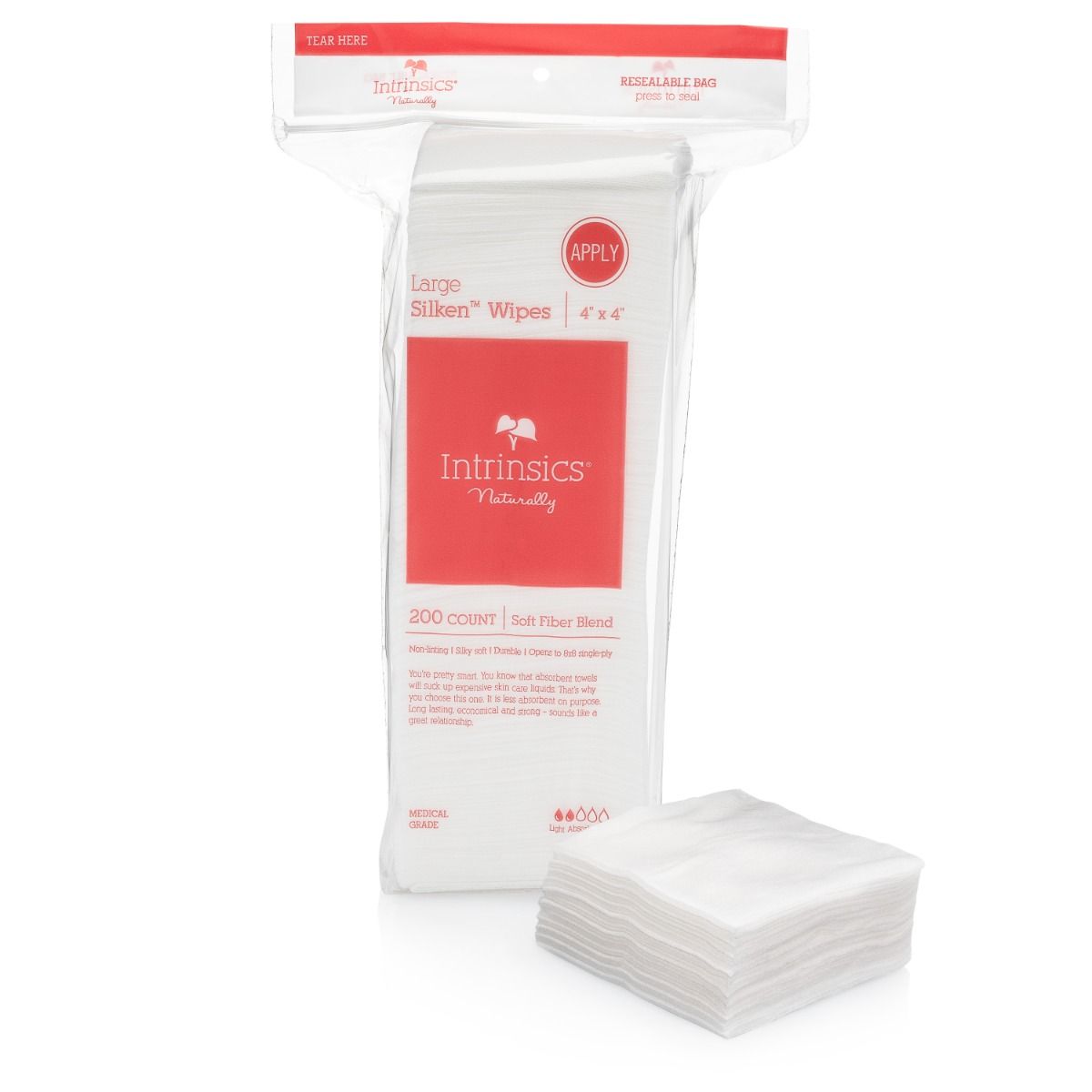 A clear bag of Intrinsics Silken Wipes, 200 count, with a stack of wipes beside it.