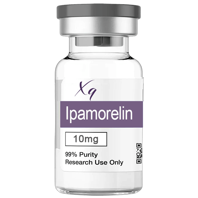 A white vial with a purple label for Ipamorelin 10mg, 99% purity, research use only.