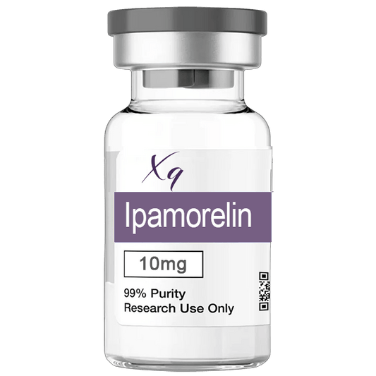 A white vial with a purple label for Ipamorelin 10mg, 99% purity, research use only.