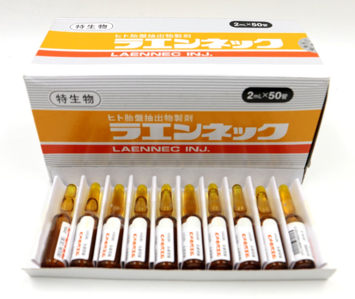 A white and orange box of Laennec Inj. with 10 amber ampoules visible in the foreground.