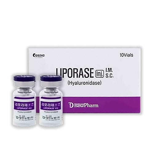 A white and purple box of Liporase Hyaluronidase with two vials in front.
