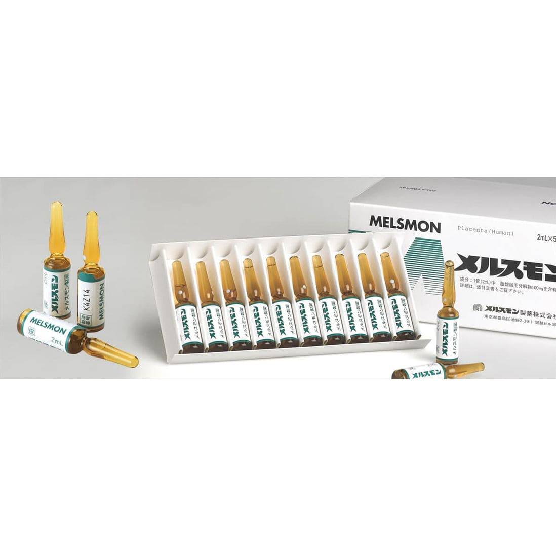 Melsmon human placenta extract in amber ampoules, with a box in the background.