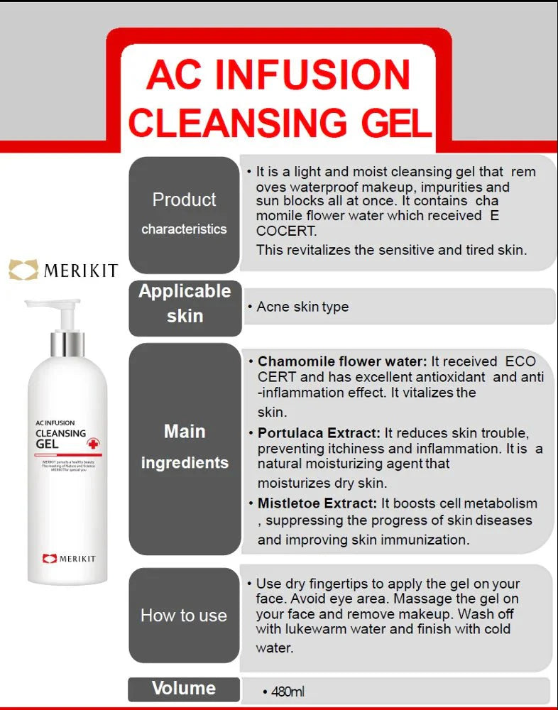 MERIKIT AC Infusion Cleansing Gel 480ml bottle with product details.