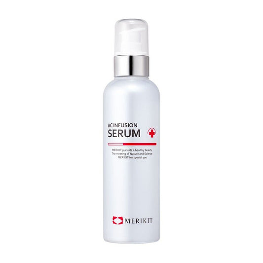 White bottle of MERIKIT AC Infusion Serum with a pump dispenser.