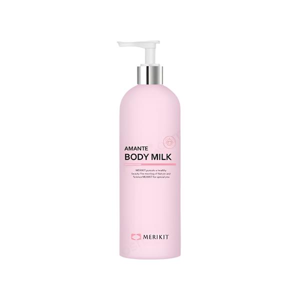 A pink pump bottle of MERIKIT Amante Body Milk.