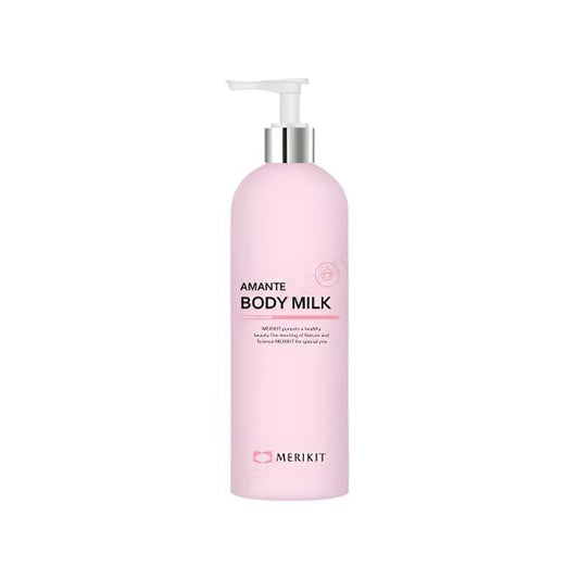 A pink pump bottle of MERIKIT Amante Body Milk.