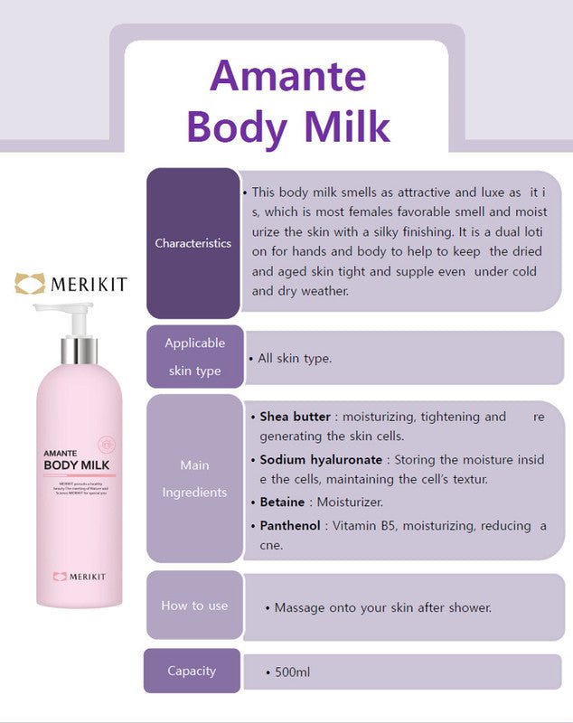 A pink bottle of Amante Body Milk with a silver pump top is shown on a white background.