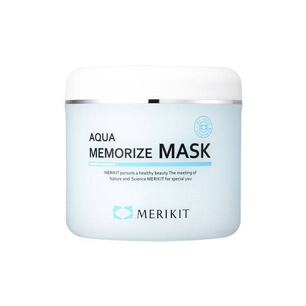 A light blue and white jar of MERIKIT Aqua Memorize Mask.