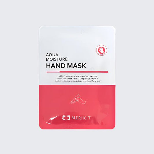 A white and red MERIKIT Aqua Moisture Hand Mask package.