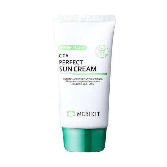 A white and green tube of MERIKIT CICA Perfect Sun Cream with SPF 50+/PA++++.
