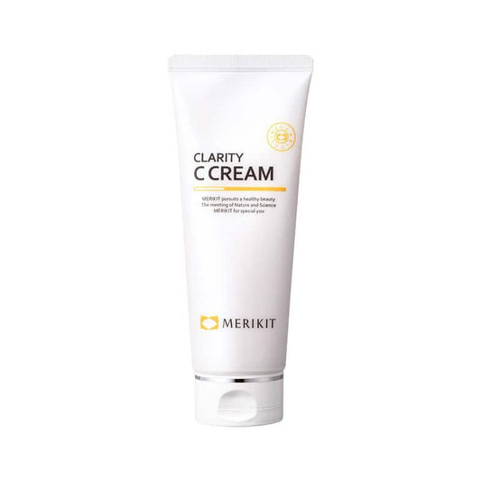 A white tube of MERIKIT Clarity C Cream with a silver cap, featuring yellow text and logo.