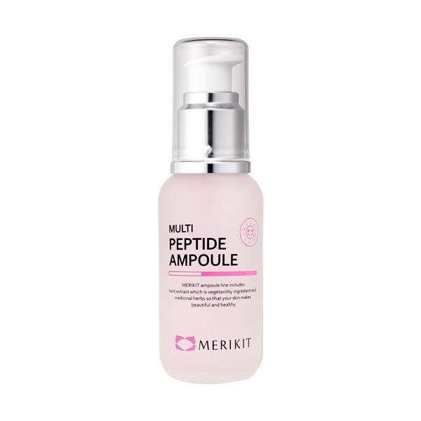 Pink Merikit Multi Peptide Ampoule Serum bottle with a silver pump and clear cap.
