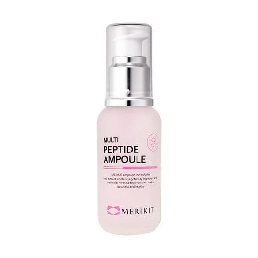 Pink Merikit Multi Peptide Ampoule Serum bottle with a silver pump and clear cap.